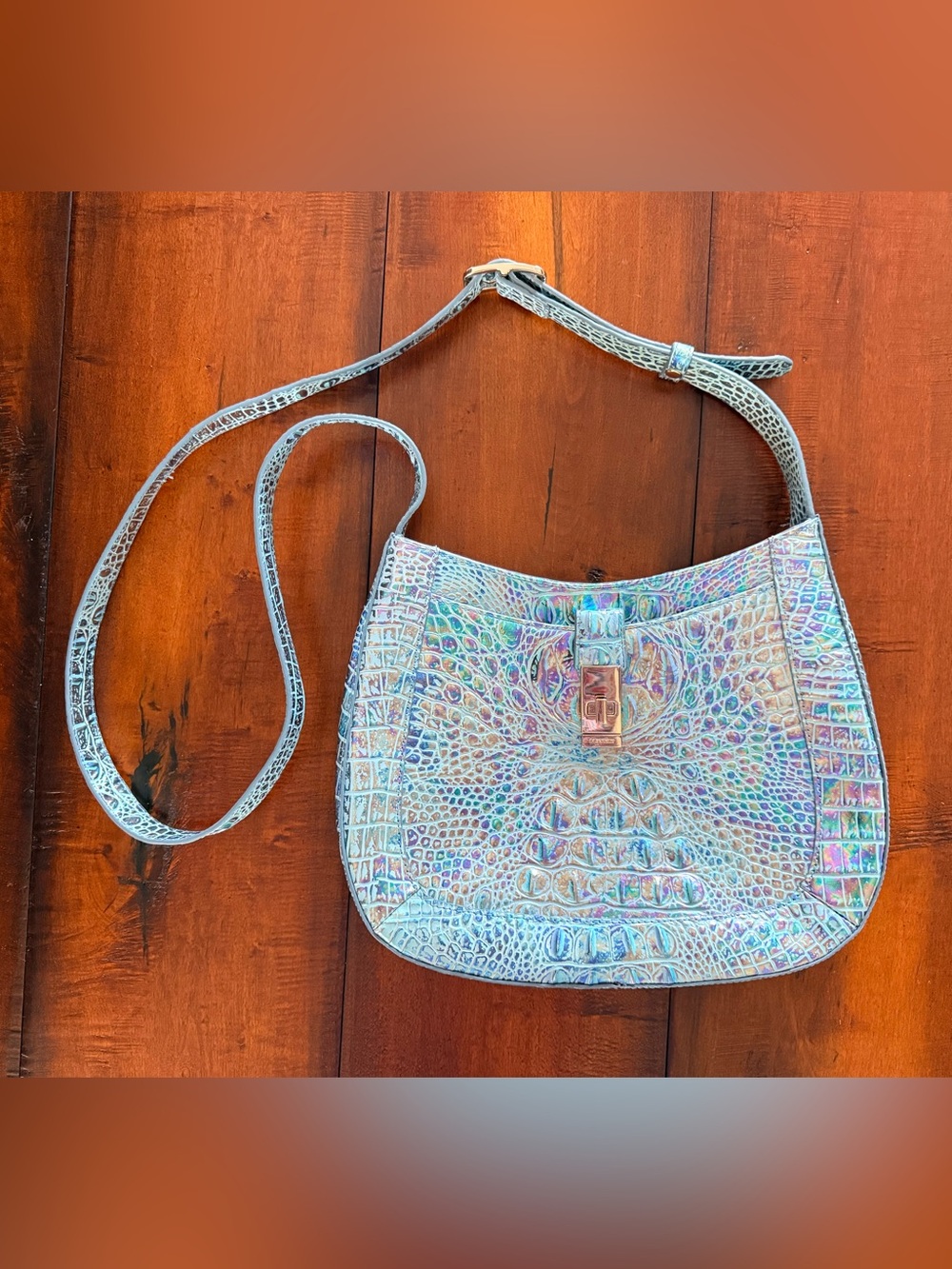 Brahmin Iridescent Croc-Embossed Shoulder Bag - Teal